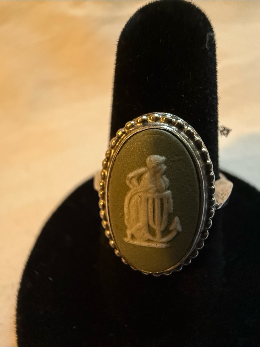 Vintage Green Wedgwood Cameo Ring with Sterling Silver Setting